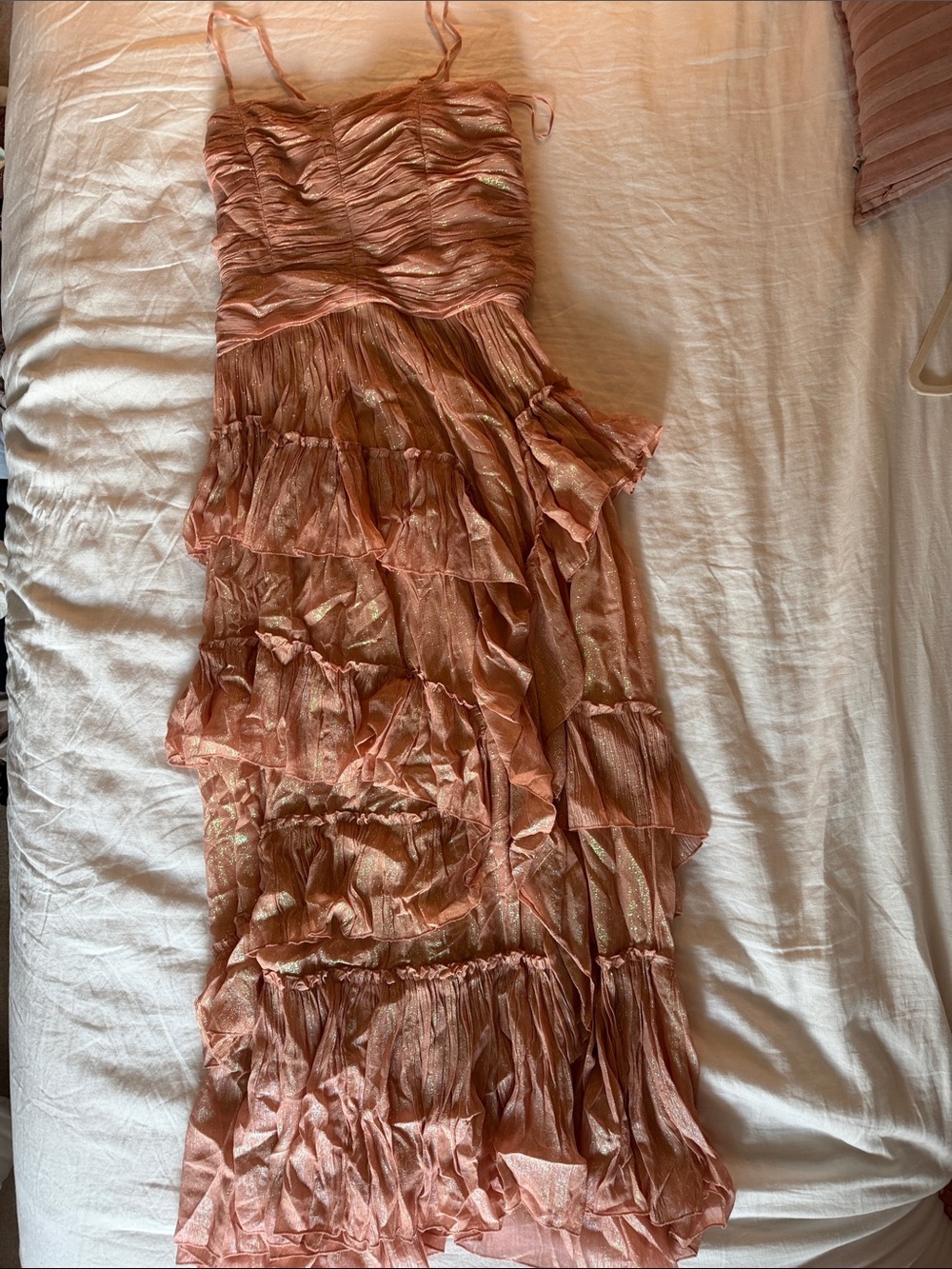 Anthropologie Ruffled Pink Metallic Maxi Dress